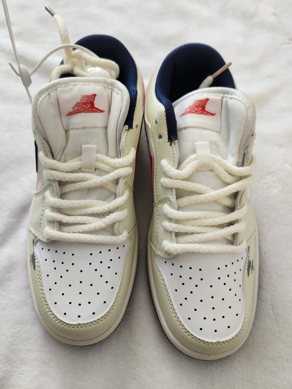 Jordan White Sneakers with Red Jumpman and Navy Inner Lining